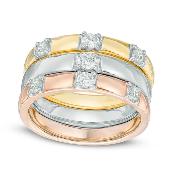 050 CT TW Natural Diamond Seven Stone Three Piece Stackable Ring Set in Solid 10K TriTone Gold Goldia Rings