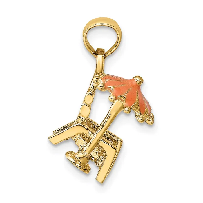 14k Yellow Gold 3D Beach Chair wOrange Enameled Umbrella Charm Goldia Charm Necklaces