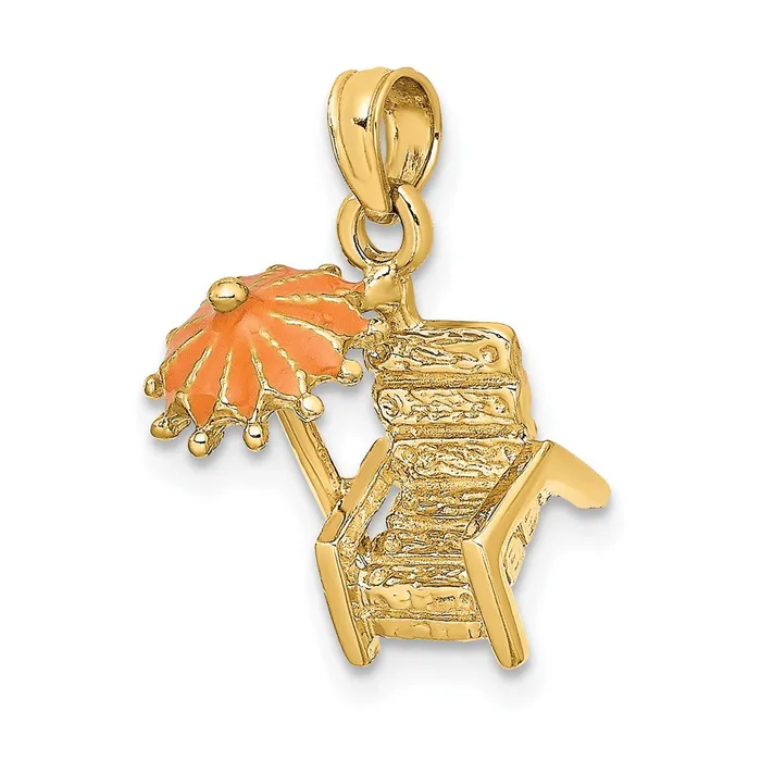 14k Yellow Gold 3D Beach Chair wOrange Enameled Umbrella Charm Goldia Charm Necklaces