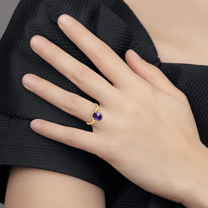 goldiaca Rings 14K Yellow Gold 8x6mm Oval Amethyst AA Real Diamond ring