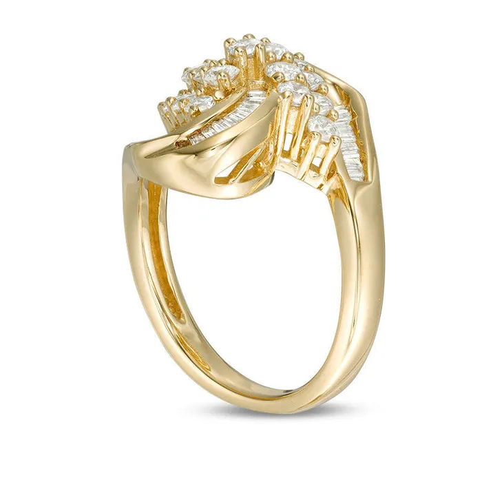 Goldia Rings 10 CT TW Baguette and Round Natural Diamond Cluster Twist Ribbon Ring in Solid 10K Yellow Gold Goldia Rings 10 CT TW Baguette and Round Natural Diamond Cluster Twist Ribbon Ring in Solid 10K Yellow Gold