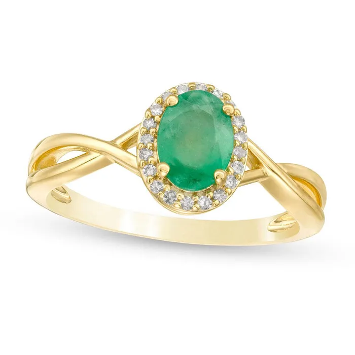 Oval Emerald and 007 CT TW Natural Diamond Frame Twist Shank Ring in Solid 10K Yellow Gold Goldia Rings Oval Emerald and 007 CT TW Natural Diamond Frame Twist Shank Ring in Solid 10K Yellow Gold Goldia Rings