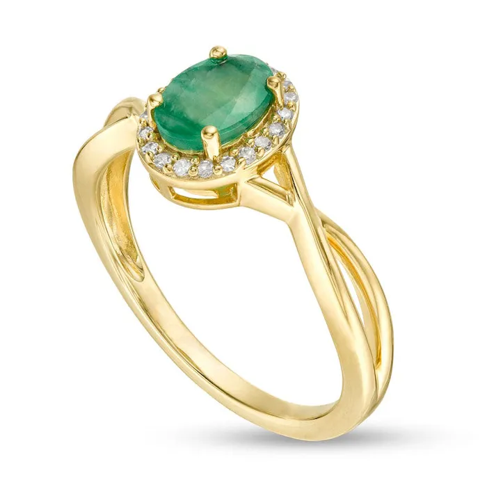 Oval Emerald and 007 CT TW Natural Diamond Frame Twist Shank Ring in Solid 10K Yellow Gold Goldia Rings Oval Emerald and 007 CT TW Natural Diamond Frame Twist Shank Ring in Solid 10K Yellow Gold Goldia Rings