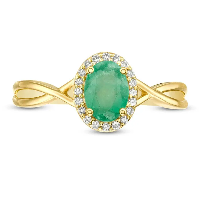 Oval Emerald and 007 CT TW Natural Diamond Frame Twist Shank Ring in Solid 10K Yellow Gold Goldia Rings Oval Emerald and 007 CT TW Natural Diamond Frame Twist Shank Ring in Solid 10K Yellow Gold Goldia Rings