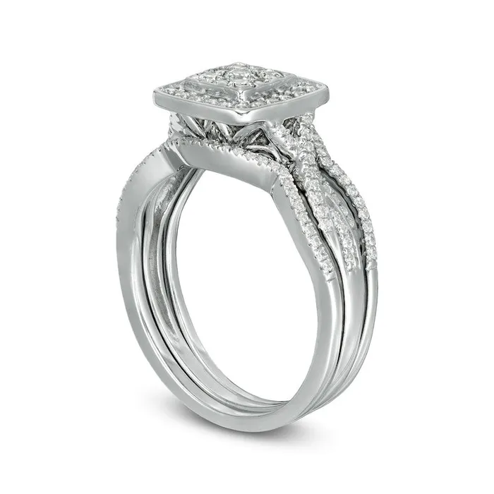Rings 063 CT TW Composite Natural Diamond Square Frame Twist Shank Three Piece Bridal Engagement Ring Set in Sterling Silver Goldia Rings 063 CT TW Composite Natural Diamond Square Frame Twist Shank Three Piece Bridal Engagement Ring Set in Sterling Silver Goldia
