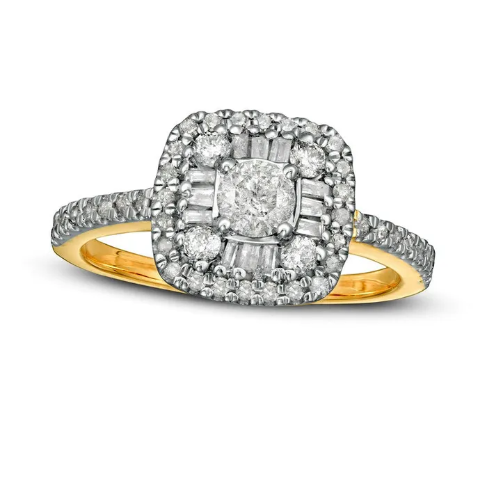 Rings Goldia 075 CT TW Baguette and Round Natural Diamond Cushion Frame Ring in Solid 10K Yellow Gold Rings Goldia 075 CT TW Baguette and Round Natural Diamond Cushion Frame Ring in Solid 10K Yellow Gold