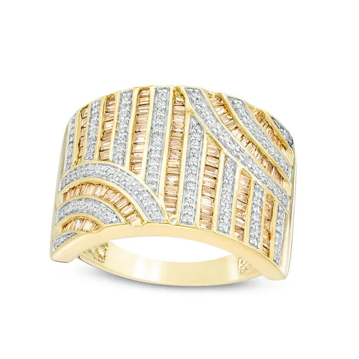 Rings Goldia 10 CT TW Champagne and White Natural Diamond Art Deco MultiRow Ring in Solid 10K Yellow Gold Rings Goldia 10 CT TW Champagne and White Natural Diamond Art Deco MultiRow Ring in Solid 10K Yellow Gold
