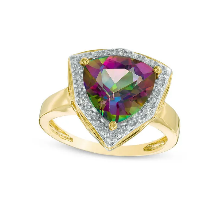 Rings Goldia 100mm TrillionCut Mystic Fire Topaz and Natural Diamond Accent Frame Ring in Solid 10K Yellow Gold Rings Goldia 100mm TrillionCut Mystic Fire Topaz and Natural Diamond Accent Frame Ring in Solid 10K Yellow Gold