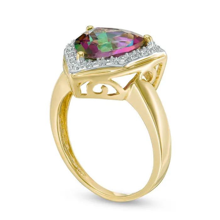 Rings Goldia 100mm TrillionCut Mystic Fire Topaz and Natural Diamond Accent Frame Ring in Solid 10K Yellow Gold Rings Goldia 100mm TrillionCut Mystic Fire Topaz and Natural Diamond Accent Frame Ring in Solid 10K Yellow Gold