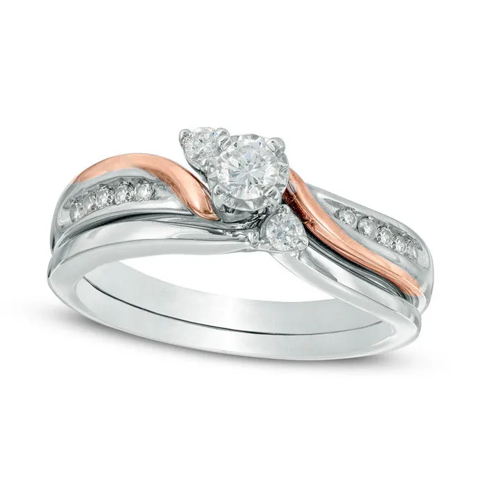 Rings Previously Owned 033 CT TW Natural Diamond Three Stone Slant Bridal Engagement Ring Set in Solid 10K TwoTone Gold Goldia Rings Previously Owned 033 CT TW Natural Diamond Three Stone Slant Bridal Engagement Ring Set in Solid 10K TwoTone Gold Goldia