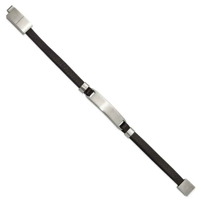Bracelets TreasureFineJewelers Stainless Steel Brushed Black Leather 8in w 5in ext ID Bracelet