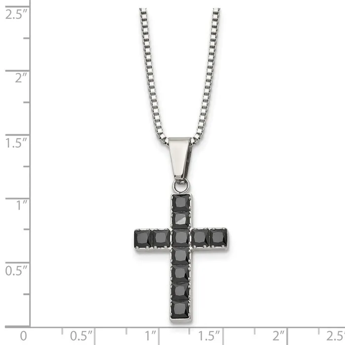 Necklaces TreasureFineJewelers Chisel Stainless Steel Polished with Black Square CZ Cross Pendant on a 18 inch Box Chain Necklace