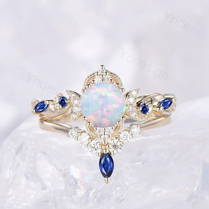 2pcs Vintage Round White Opal Engagement Ring Leaf Moon Cluster Amethyst Bridal Set Art Deco Nature Inspired October Birthstone Promise Ring PENFINE Rings