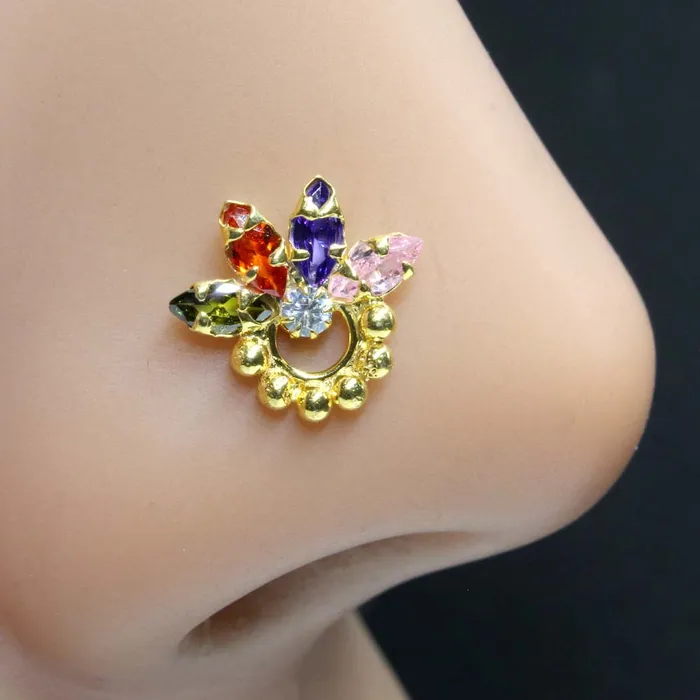 Earrings Karizma Jewels Ethnic Real Sterling Silver Multi CZ Women Nose Stud Push Pin