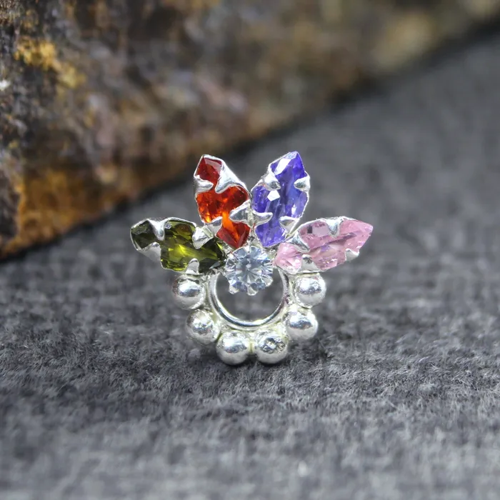 Earrings Karizma Jewels Ethnic Real Sterling Silver Multi CZ Women Nose Stud Push Pin