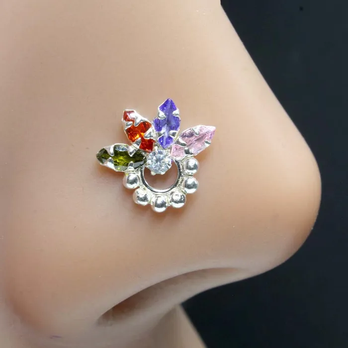 Earrings Karizma Jewels Ethnic Real Sterling Silver Multi CZ Women Nose Stud Push Pin