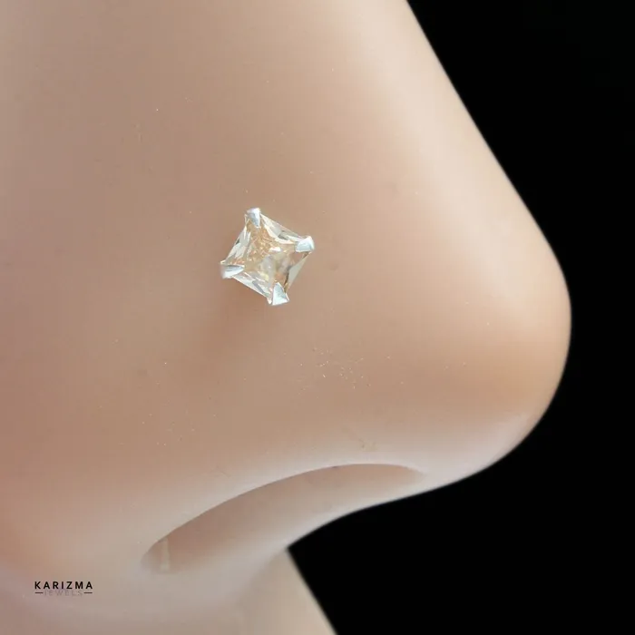 Karizma Jewels Rings 4pc set Silver Square style Nose stud CZ nose ring Push Pin