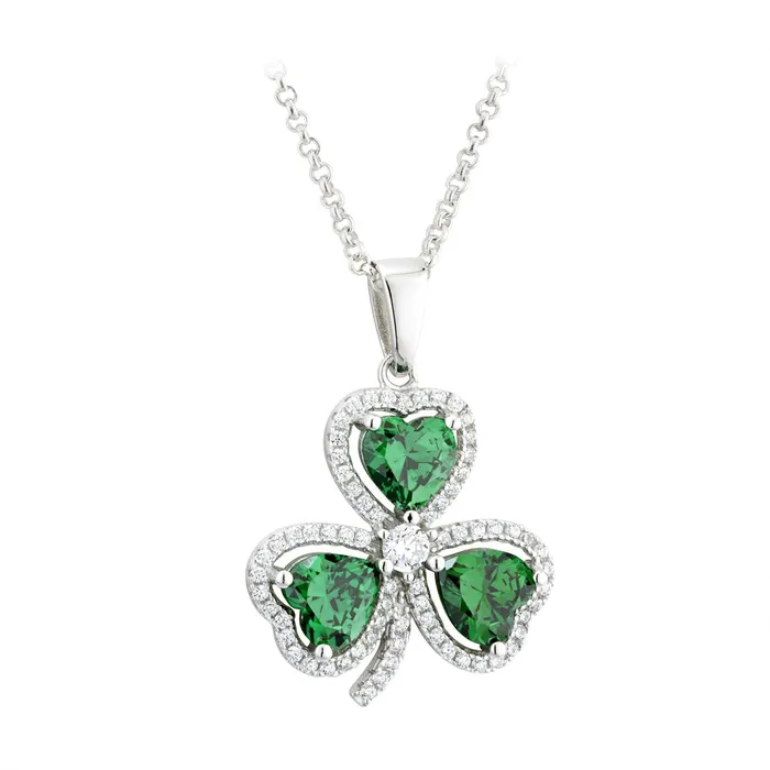 Necklaces Celtic Collections Silver Green Cubic Zirconia Shamrock Pendant