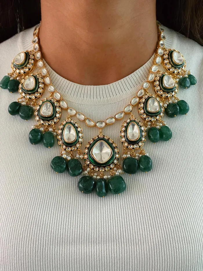 Necklaces PRERTO ECOMMERCE PRIVATE LIMITED Ahsas Kundan Emerald Polki Bead Drops Necklace Set Necklace Earrings