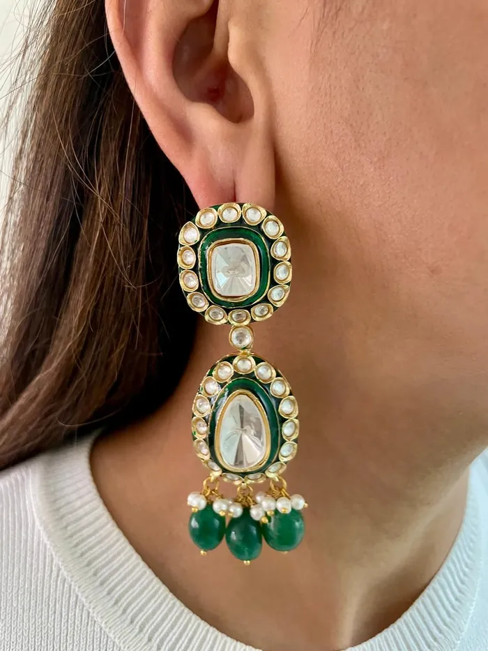 Necklaces PRERTO ECOMMERCE PRIVATE LIMITED Ahsas Kundan Emerald Polki Bead Drops Necklace Set Necklace Earrings