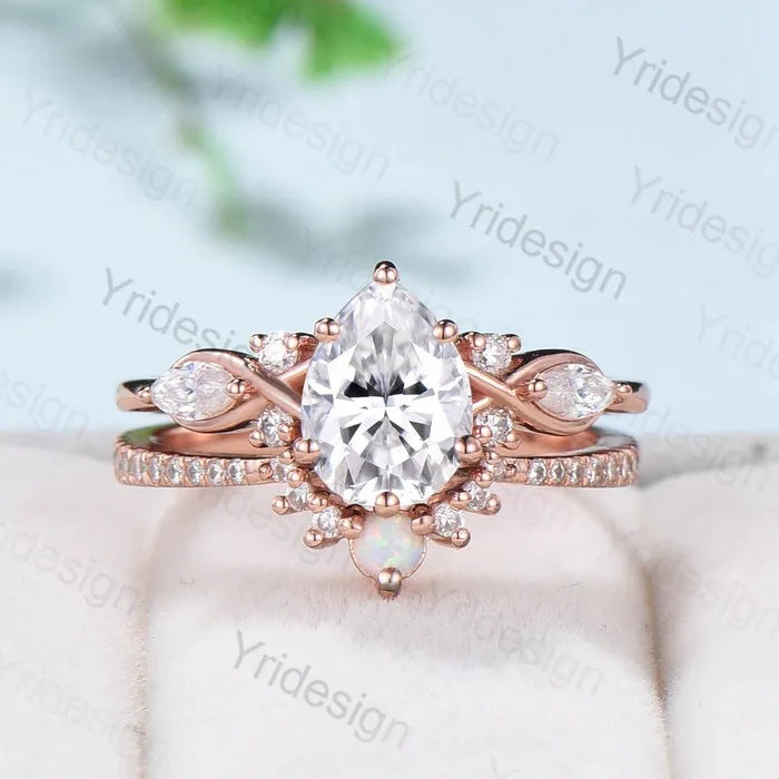 Pear shaped Moissanite engagement ring set Unique Rose gold engagement ring vintage curved Opal Diamond Bridal anniversary gift for women PENFINE Rings