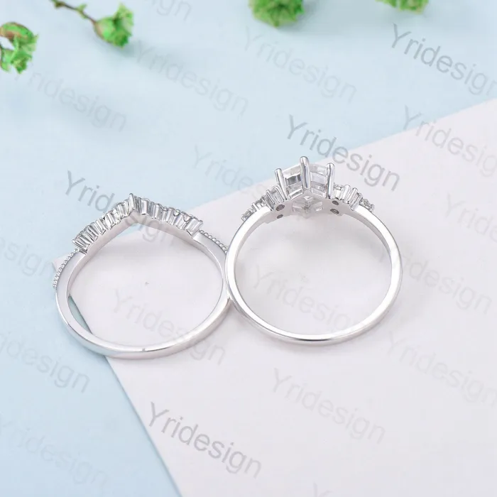 PENFINE Rings Hexagon Cut Moissanite Ring Set Vintage Cluster Diamond Moissanite Engagement Ring Rose Gold Unique Bridal Set Art Deco Anniversary Gift