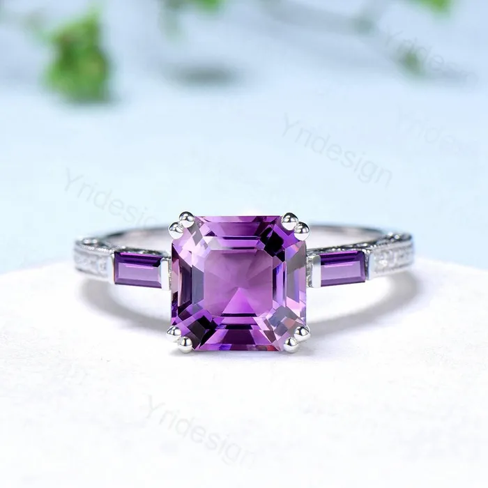 Rings PENFINE Hidden Halo princess amethyst engagement ring Unique asscher cut purple gemstone ring 3 stone baguette February birthstone anniversary ring