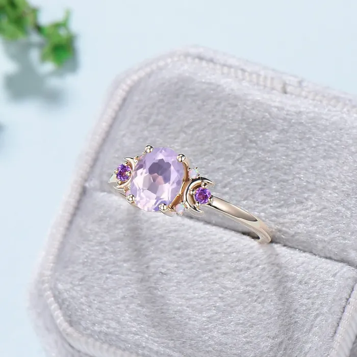 Vintage Lavender Amethyst Ring Unique Nature Inspired Purple Crystal Engagement Ring Cluster Opal Wedding Ring For Women February Birthstone PENFINE Rings