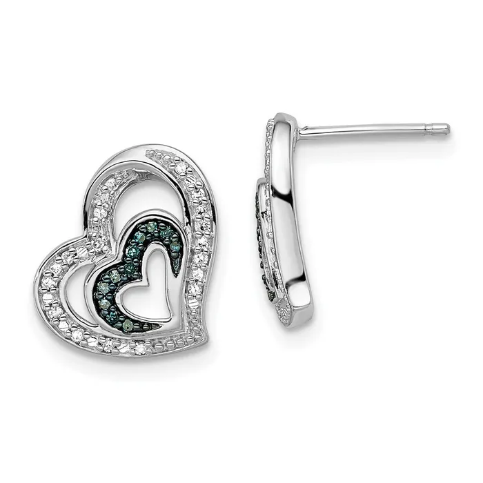 WB Choice Jewelry Earrings Sterling Silver Rhod Plated Blue and White Diamond Heart Post EarringsWBCQE10714