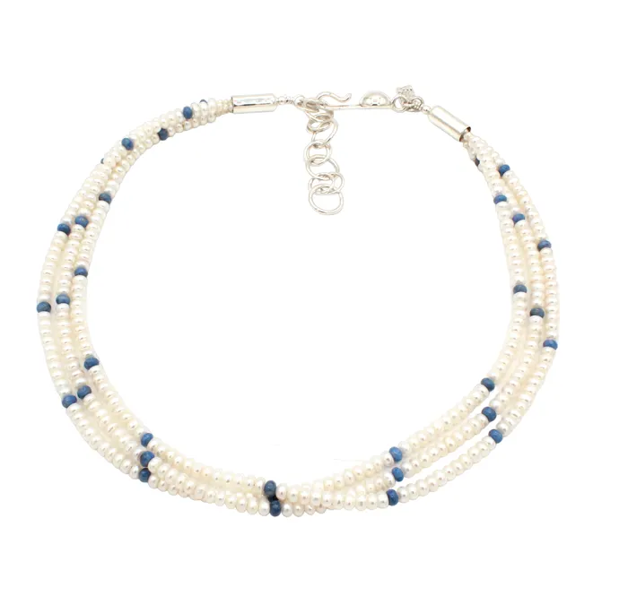 Artie Yellowhorse Necklaces 3 Strand Pearl and Denim Lapis Bead Necklace