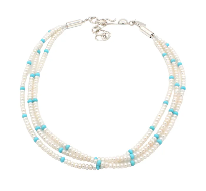 Artie Yellowhorse Necklaces 3 Strand Pearl and Turquoise Bead Necklace