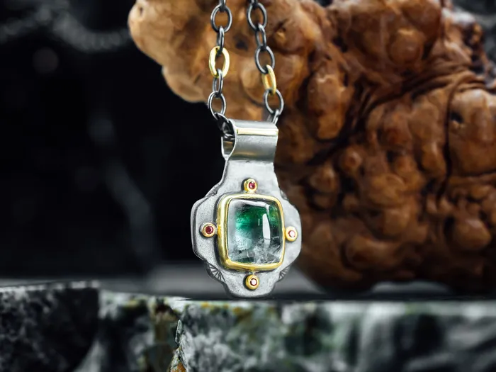Carrie Armstrong Oxidized Sterling22k Yellow Gold Peridot and Sapphire Custom Pendant Necklaces