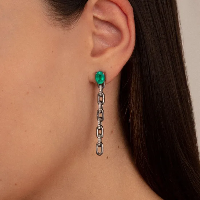CHAIN LOVERS EARRING IN BLACK RHODIUM PLATED 18K WHITE GOLD WITH EMERALD AND DIAMOND Jack Vartanian Earrings