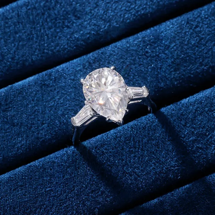 Moissanite Pear Cut Baguette ThreeStone Ring icezeusshop Rings
