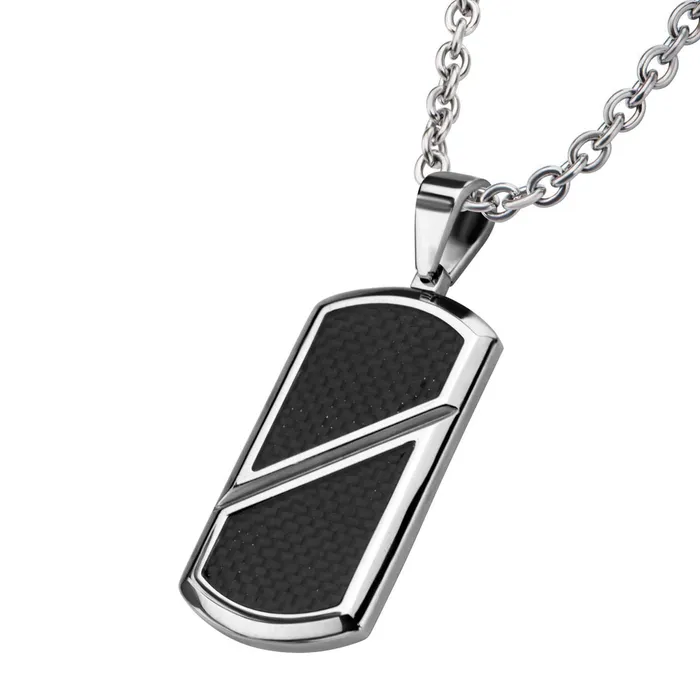 Silver Tone Stainless Steel with Inlaid Black Carbon Fiber ID Tag INOX JEWELRY Bracelets