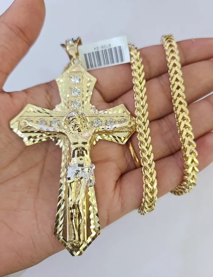 10K Franco Chain Jesus Cross Pendant Charm Necklace 2026 5mm Gold Yellow SET Gold and Diamond Necklaces