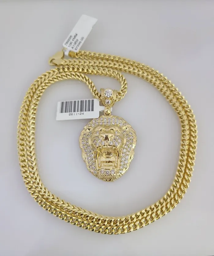 10K Franco Chain Roaring Lion Pendant Charm 2028 4mm Gold SET Necklace Yellow Gold and Diamond Necklaces