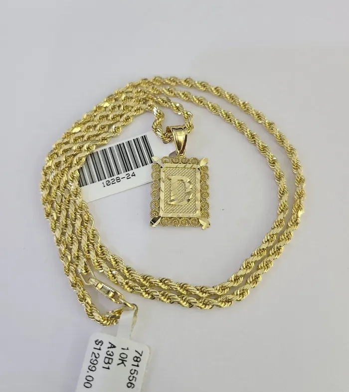 10k Gold Initial D Charm Rope Chain 1626 25mm SET Necklace Alphabet Pendant Gold and Diamond Necklaces