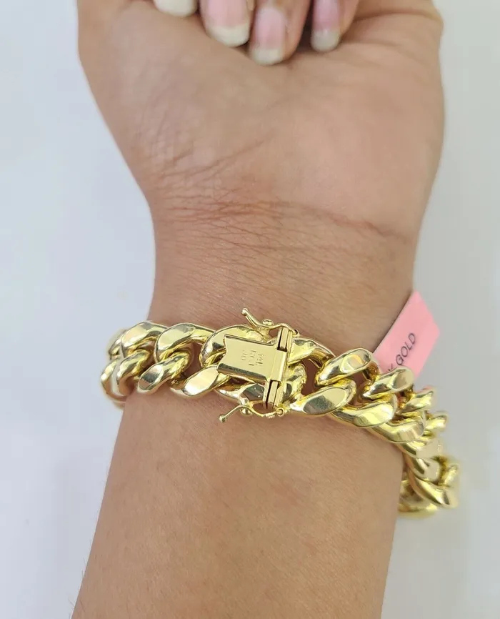14K Miami Cuban Bracelet Yellow Gold Box Clasp 8 Inch 13mm Link Thick Gold and Diamond Bracelets