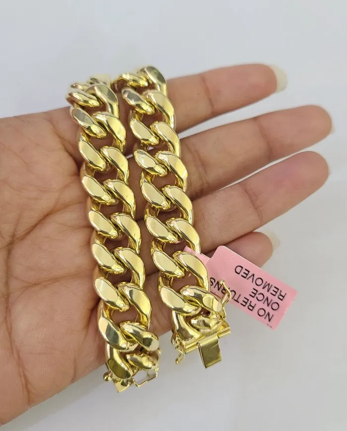 14K Miami Cuban Bracelet Yellow Gold Box Clasp 8 Inch 13mm Link Thick Gold and Diamond Bracelets