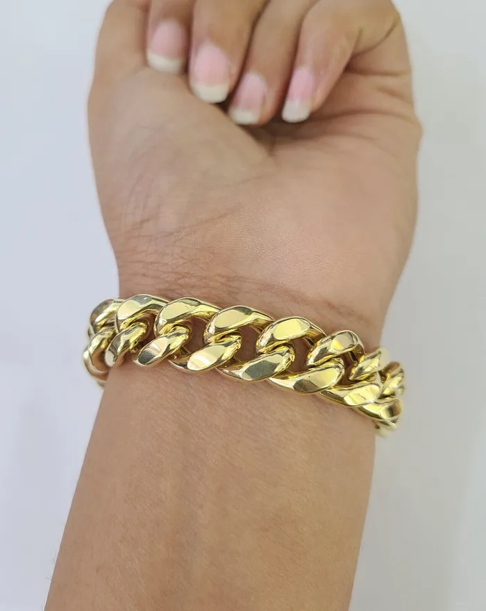 14K Miami Cuban Bracelet Yellow Gold Box Clasp 8 Inch 13mm Link Thick Gold and Diamond Bracelets
