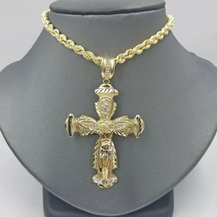 Charm Necklaces Gold and Diamond Real 10k Yellow Gold Rope Chain Crucifix Cross Pendent Jesus Diamond Cut Charm