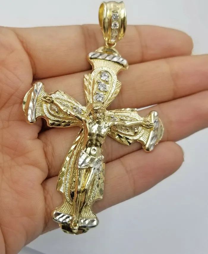 Charm Necklaces Gold and Diamond Real 10k Yellow Gold Rope Chain Crucifix Cross Pendent Jesus Diamond Cut Charm