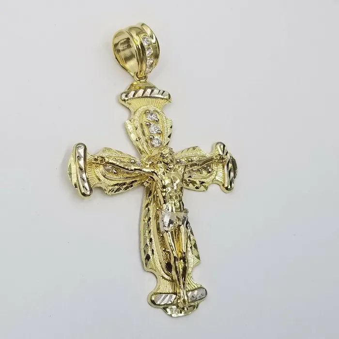 Charm Necklaces Gold and Diamond Real 10k Yellow Gold Rope Chain Crucifix Cross Pendent Jesus Diamond Cut Charm