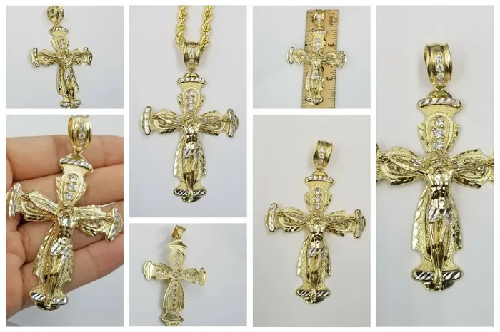 Charm Necklaces Gold and Diamond Real 10k Yellow Gold Rope Chain Crucifix Cross Pendent Jesus Diamond Cut Charm