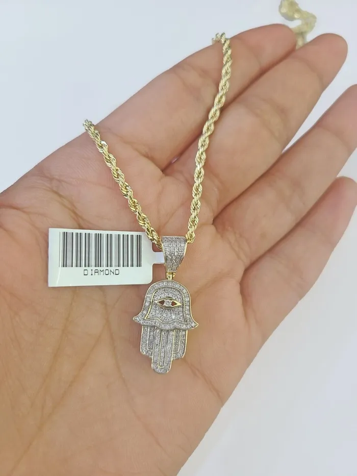 GlobalWatches10 Charm Necklaces 10k Yellow Gold Diamond Hamsa Hand Charm and 24 inches Rope Chain