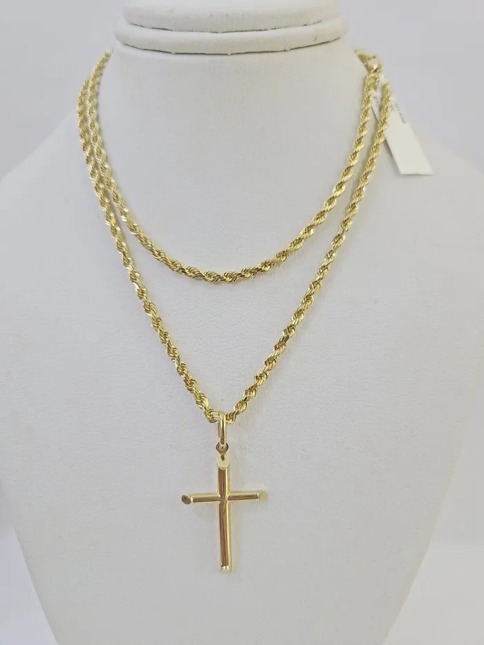 Gold and Diamond Necklaces 10k 3mm Rope Chain Jesus Cross Pendant 1830 Yellow Gold Set Charm Necklace