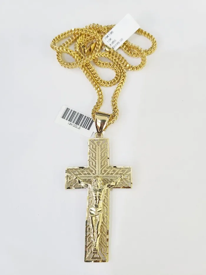 Gold and Diamond Necklaces 10K Franco Chain Jesus Crucifix Cross Pendant Charm Necklace 2026 3mm Gold