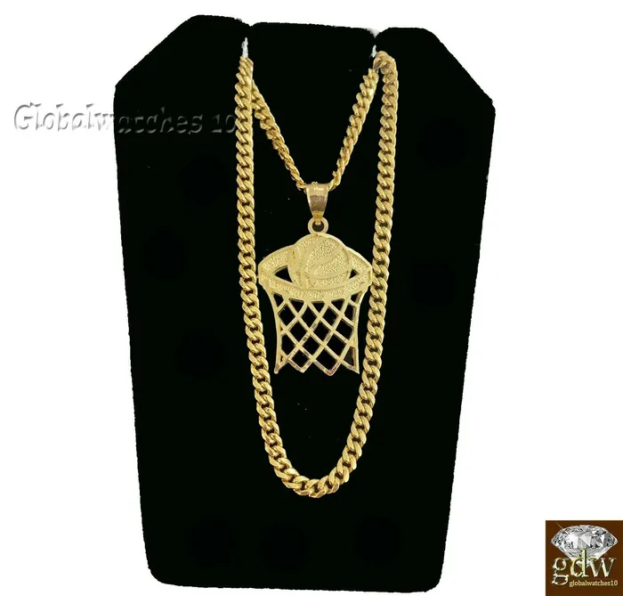 Gold and Diamond Necklaces 10k Gold Basketball Pendant with Miami Cuban Chain 22 24 26 28 Real
