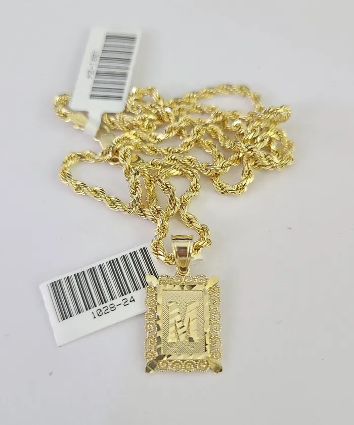 Gold and Diamond Necklaces 10k Gold Initial M Charm Rope Chain 1626 25mm SET Necklace Alphabet Pendant